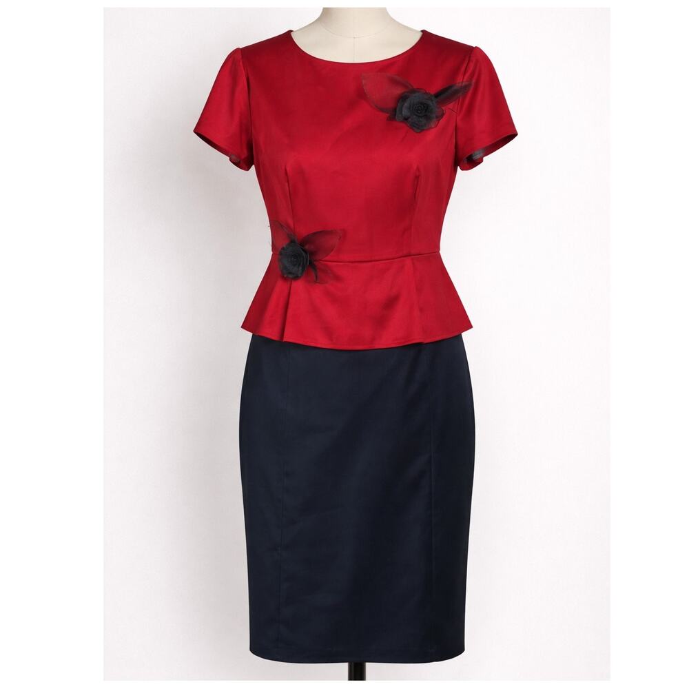 Vintage Moschino Cheap & Chic Satin Peplum Dress Womens 4 Red Black Floral Italy